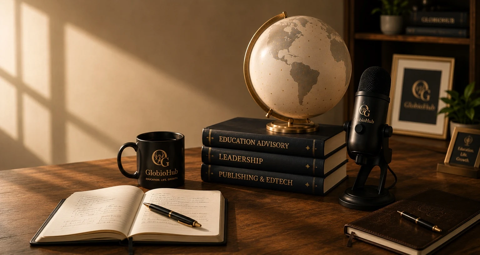 GlobioHub workspace with a globe, microphone, books and an open notebook.
