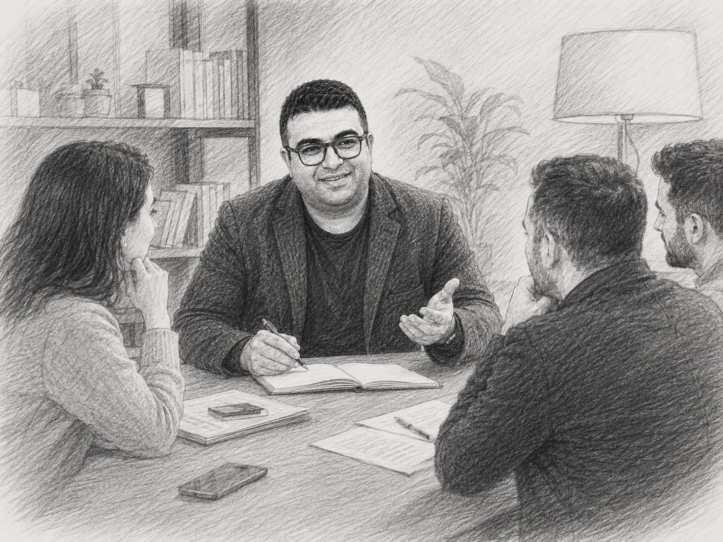 Onur Guler leading a discussion around a meeting table in a pencil-sketch editorial style.