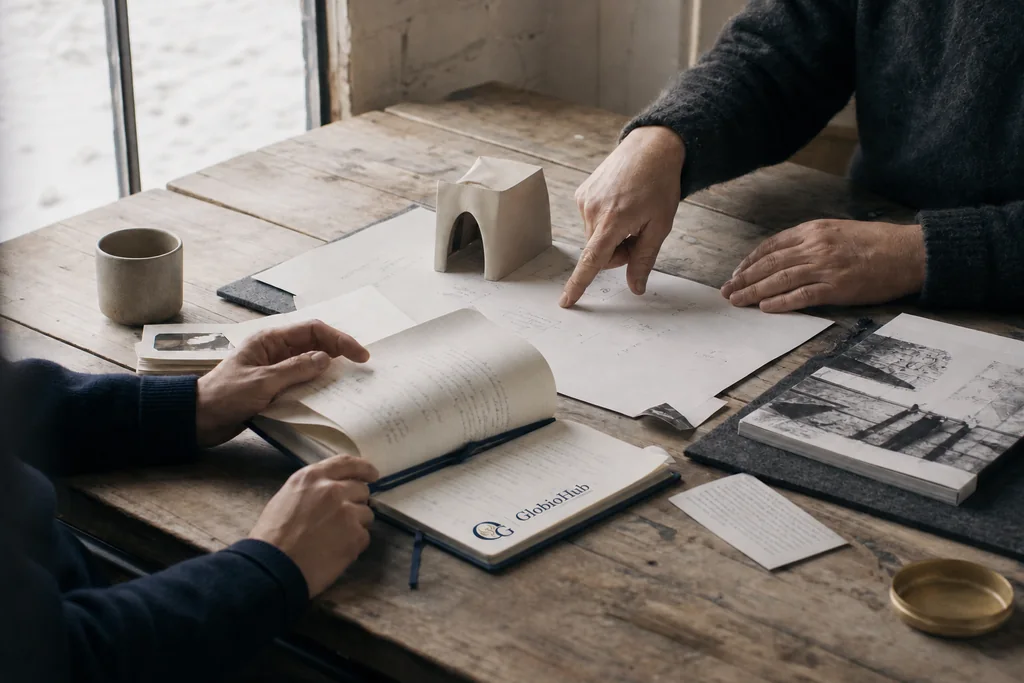 Two people at a worktable reviewing a hand-drawn diagram together, one pointing at the page while the other holds a navy GlobioHub notebook, with a small clay arch model and coffee cups nearby.