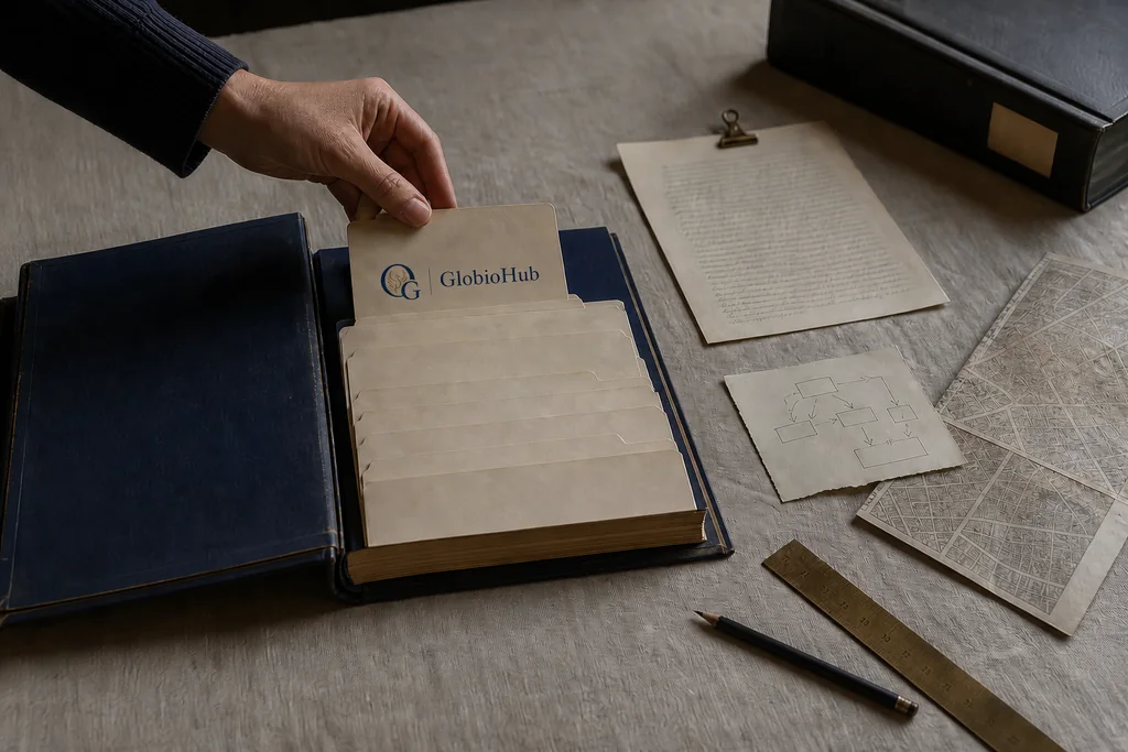 A hand filing a printed GlobioHub index card into a navy archival binder on a wooden desk, beside a handwritten page, a hand-drawn process diagram, folded maps, a pencil and a brass ruler.