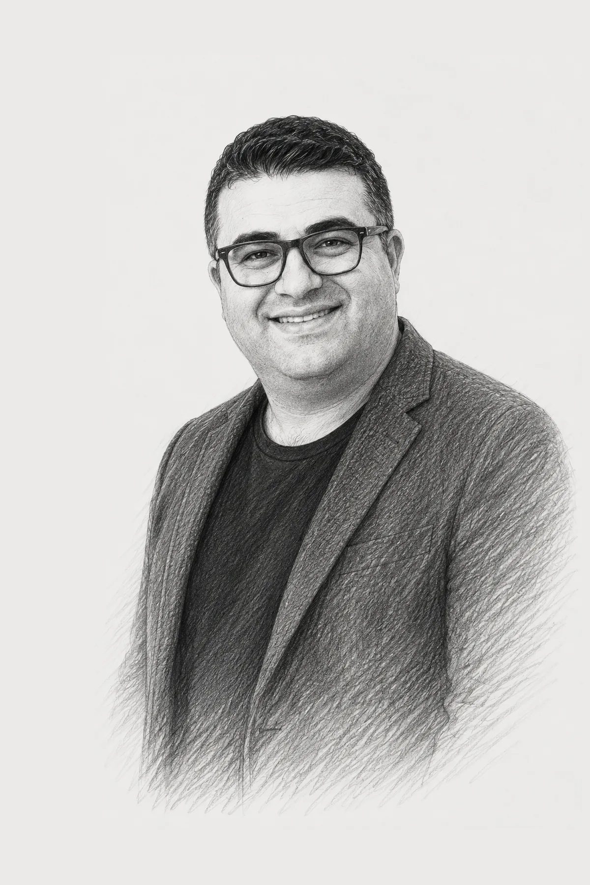Onur Guler writing in an open notebook in a pencil-sketch editorial portrait.