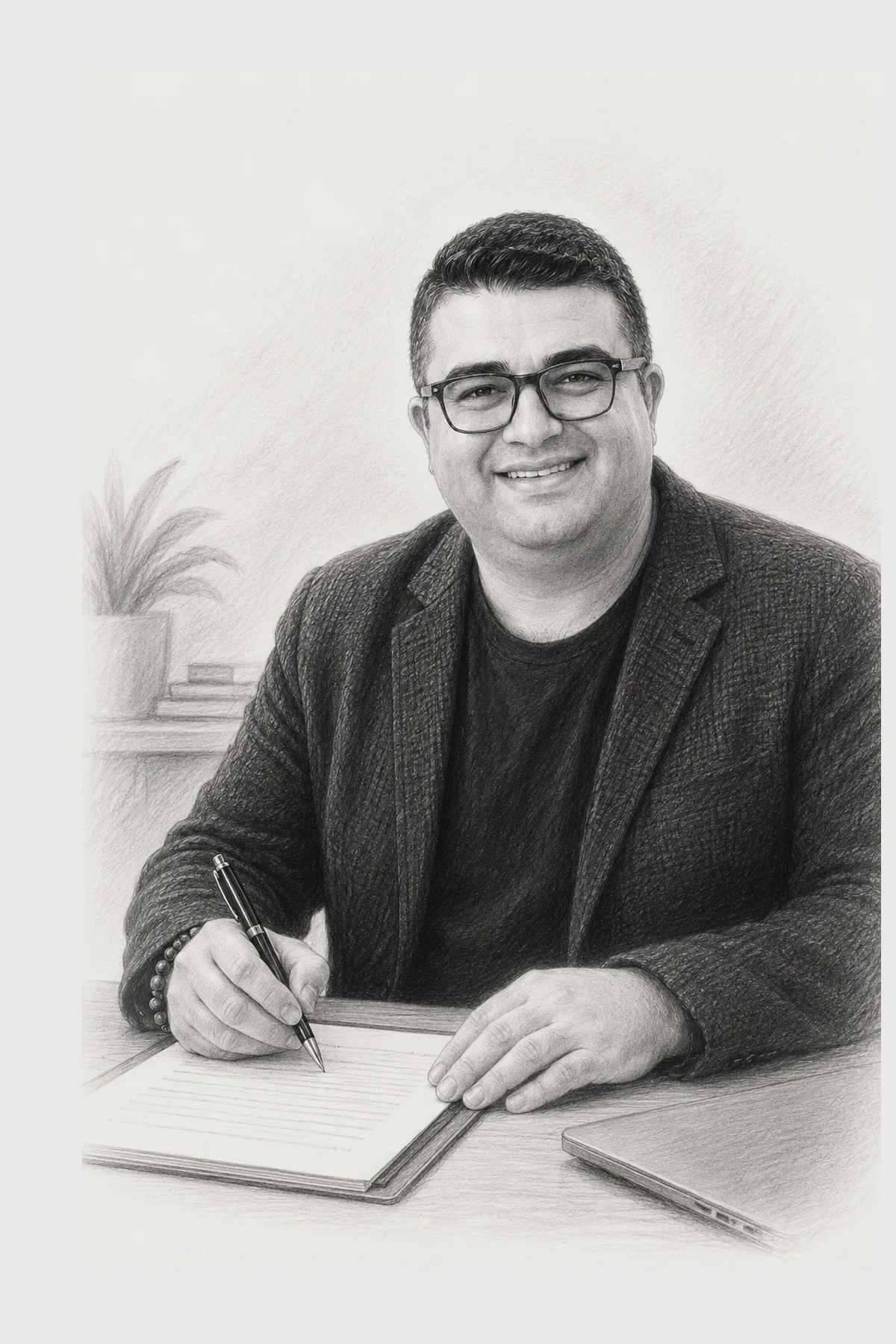 Onur Guler writing and working at a desk for GlobioHub articles.
