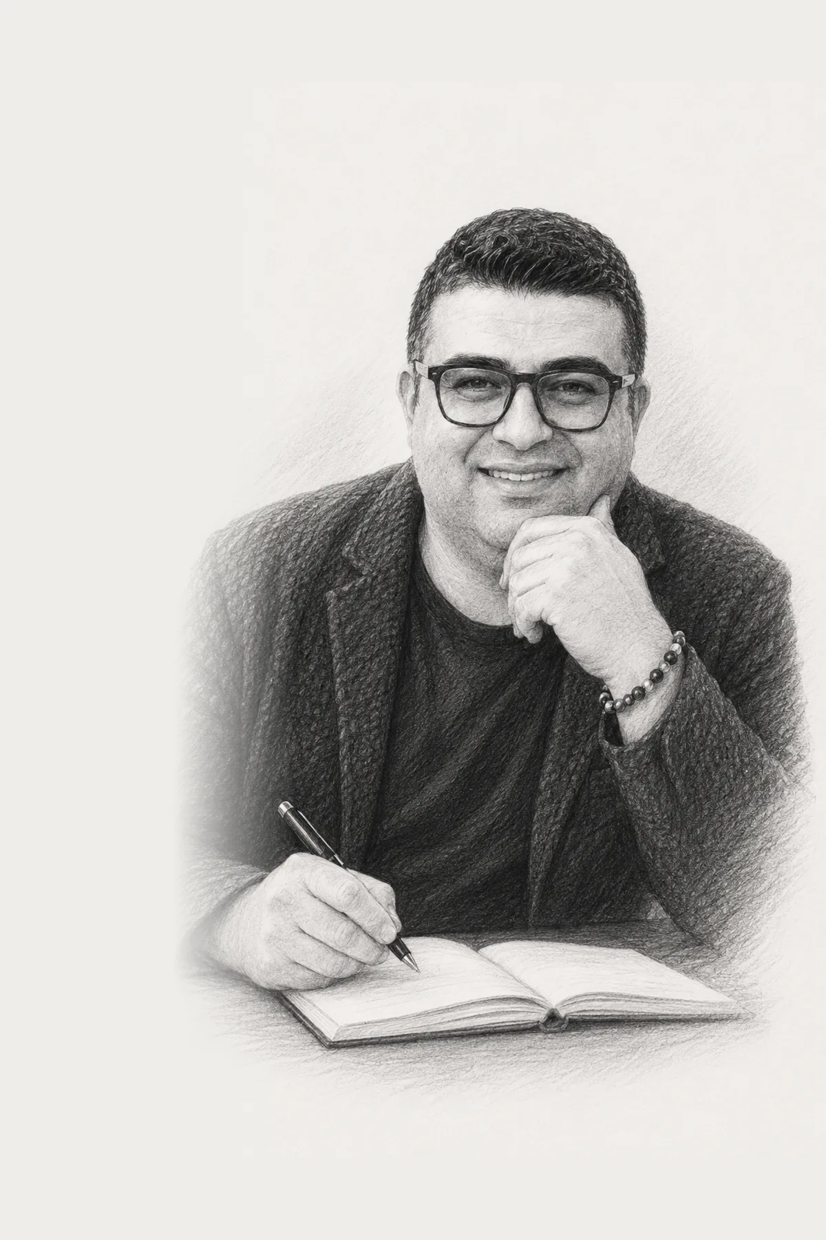 Onur Guler writing in a notebook for the GlobioHub Writing and Books page.