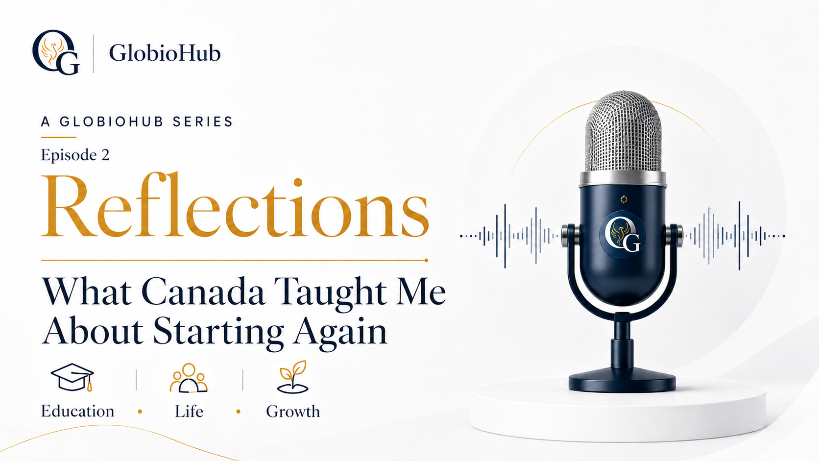 Episode 2 cover for What Canada Taught Me About Starting Again, a GlobioHub Reflections podcast.